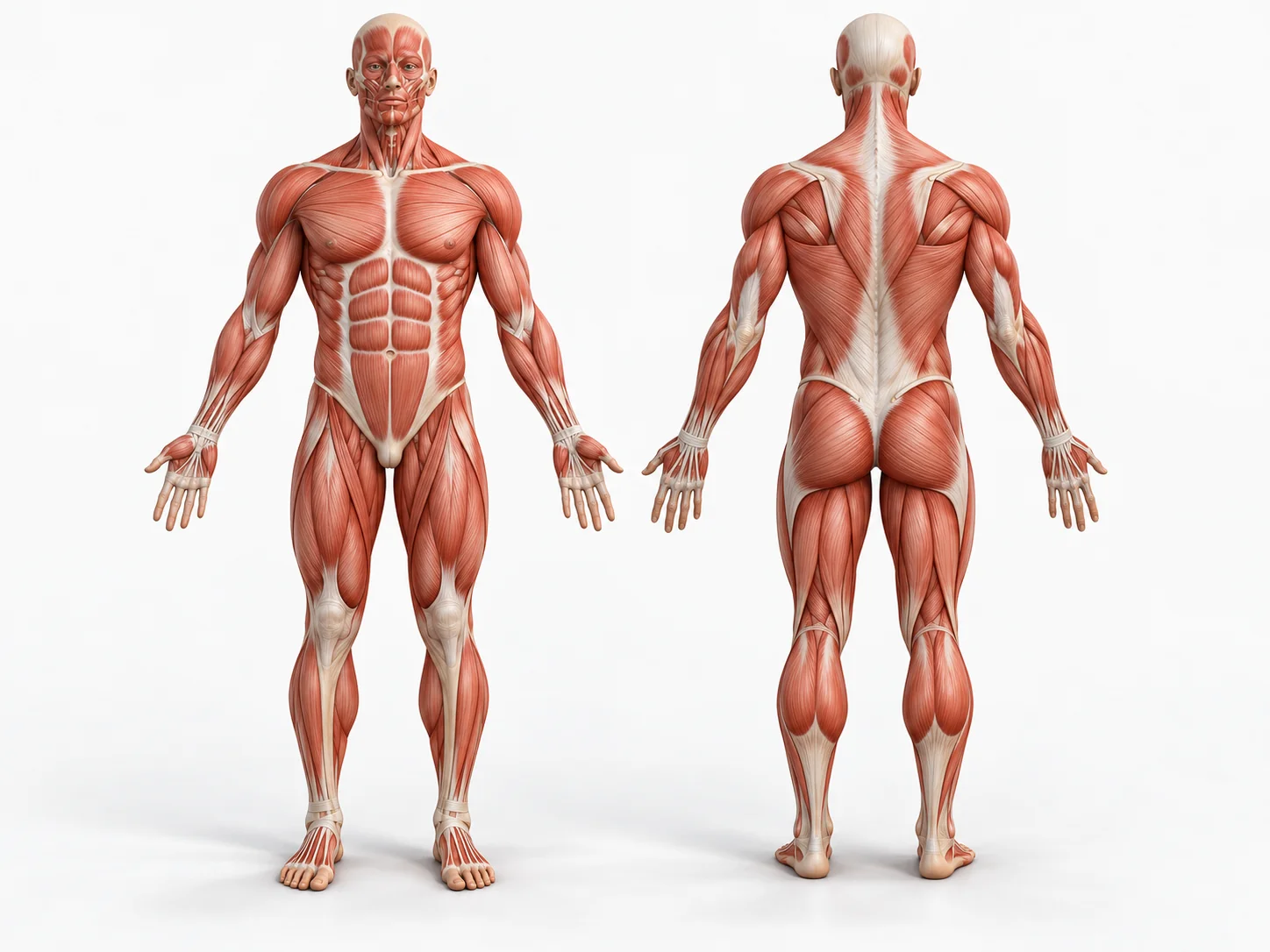 Ilustração anatômica muscular em vista frontal à esquerda e posterior à direita